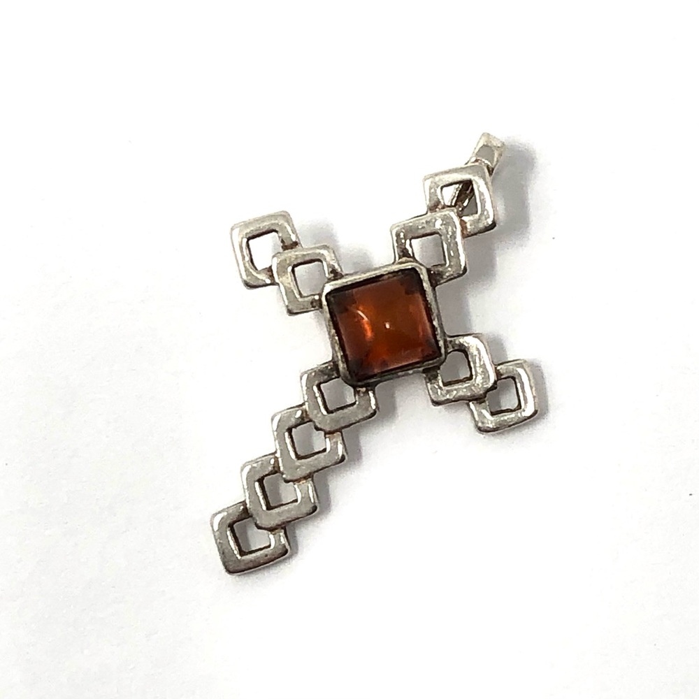 Vintage amber and sterling silver 925 open work cross / crucifix pendant